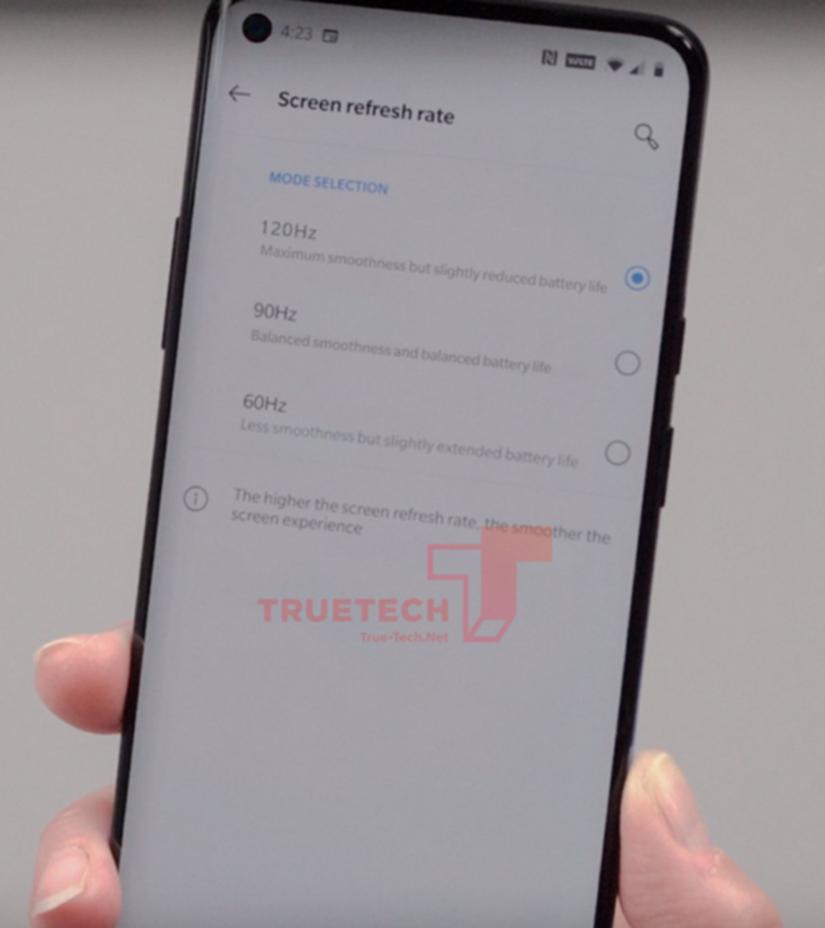 ​粗略的OnePlus 8 Pro图像显示120Hz刷新率选项