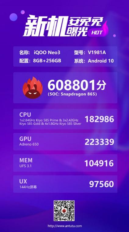 即将面世的iQOO Neo 3在安兔兔上得分超过60万