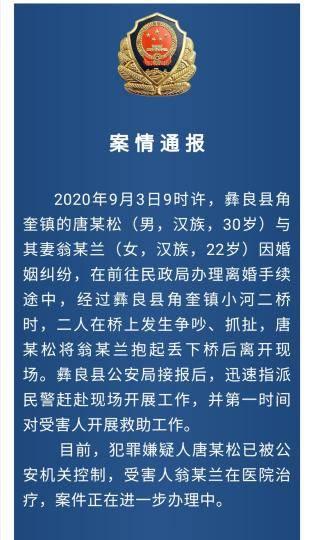 “男子离婚途中将妻子扔下桥 冲动的代价是刑拘