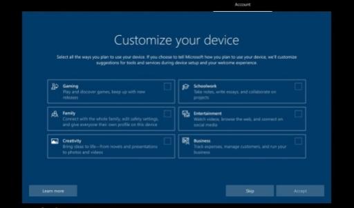 询问您计划如何使用设备 最新的Windows 10内部版本