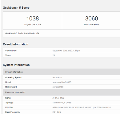 “一款型号为SM-G966B的三星手机Geekbench 5跑分曝光